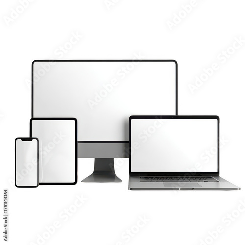 Electronic devices group with blank screens isolated on a transparent background