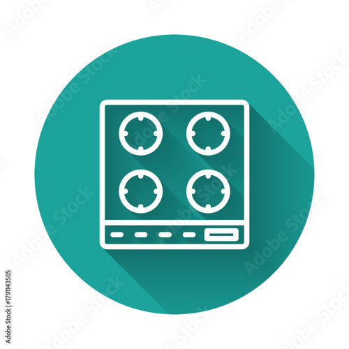 White line Gas stove icon isolated with long shadow background. Cooktop sign. Hob with four circle burners. Green circle button. Vector