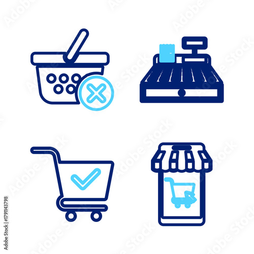 Set line Mobile and shopping cart, Shopping with check mark, Cash register machine and Remove basket icon. Vector