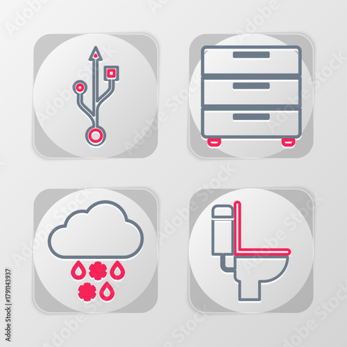 Set line Toilet bowl, Cloud with snow and rain, Furniture nightstand and USB icon. Vector