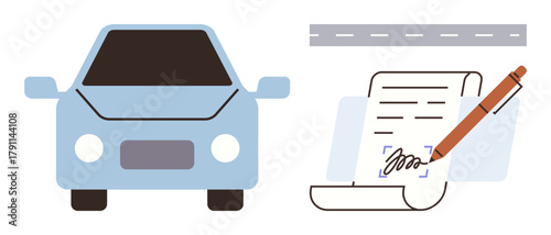Blue car next to a signed document with a pen, symbolizing vehicle ownership, leasing, sales, or insurance. Ideal for legal, business, automotive, finance contracts agreements modern transactions