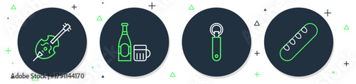 Set line Beer bottle and glass, Bottle opener, Violin and French baguette bread icon. Vector