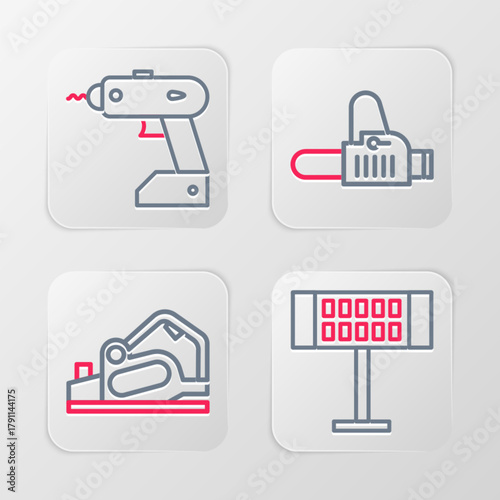 Set line Electric heater, planer tool, Chainsaw and cordless screwdriver icon. Vector