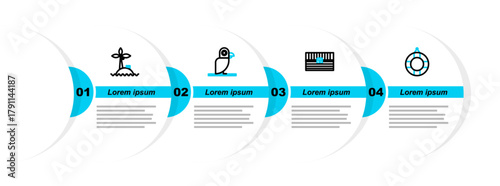 Set line Lifebuoy, Antique treasure chest, Pirate parrot and Tropical island in ocean icon. Vector