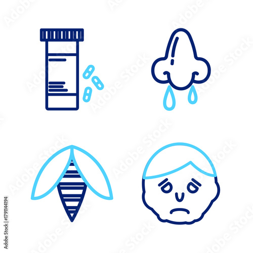 Set line Inflammation on face, Bee, Runny nose and Medicine bottle and pills icon. Vector