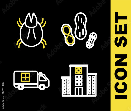 Set line Peanut, Medical hospital building, Emergency car and Parasite mite icon. Vector