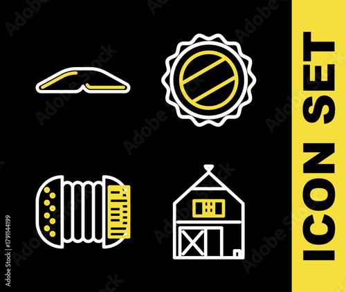Set line Bottle cap, Farm House, Accordion and Homemade pie icon. Vector