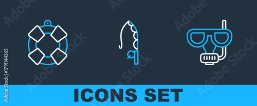 Set line Diving mask and snorkel, Lifebuoy and Fishing rod icon. Vector