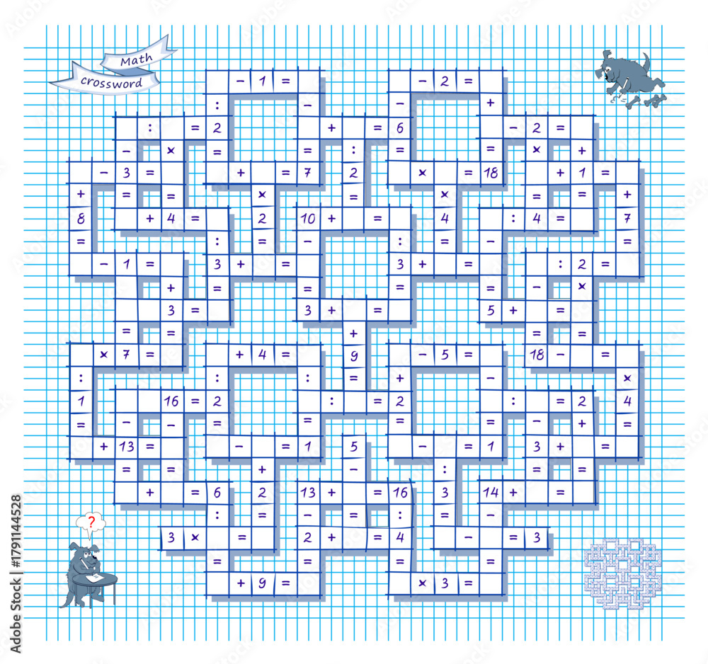 Fototapeta premium Mathematical crossword for smartest. Solve examples and write the numbers and symbols correctly. Logic puzzle on addition, multiplication, division and subtraction. Brain teaser book. Vector image
