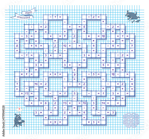 Mathematical crossword for smartest. Solve examples and write the numbers and symbols correctly. Logic puzzle on addition, multiplication, division and subtraction. Brain teaser book. Vector image