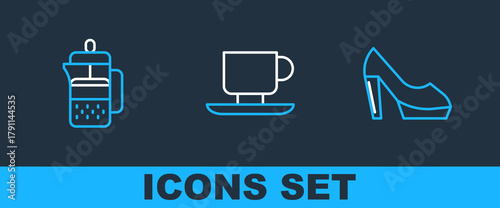 Set line Woman shoe, French press and Coffee cup icon. Vector