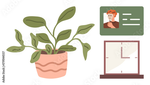 Potted plant complements profile ID badge and wall clock as a representation of workspace essentials. Ideal for work-life balance, time management, personal identity, focus, professionalism, bio