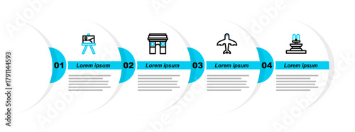 Set line Fountain, Plane, Triumphal Arch and Easel or painting art boards icon. Vector
