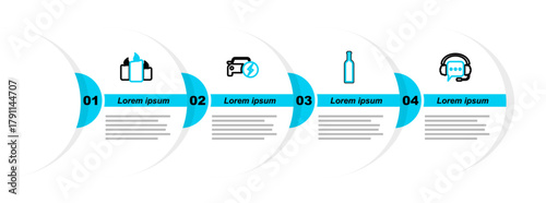 Set line Headphones with speech bubble, Bottle of wine, Electric car and Burning candles icon. Vector