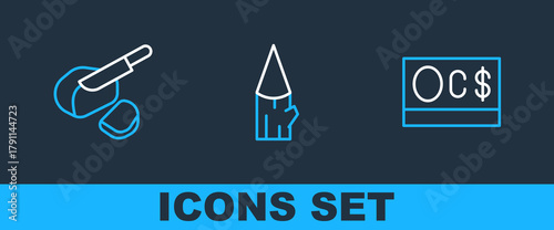 Set line Canadian dollar, Peameal bacon and Wooden log icon. Vector