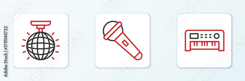 Set line Music synthesizer, Disco ball and Microphone icon. Vector