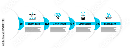 Set line Olives on plate, Windmill, Fan flamenco and Crown of spain icon. Vector
