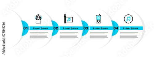 Set line Music note, tone, player, festival flag and Man in headphones icon. Vector