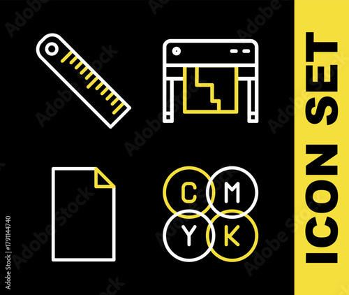 Set line Plotter, CMYK color mixing, Empty document and Ruler icon. Vector