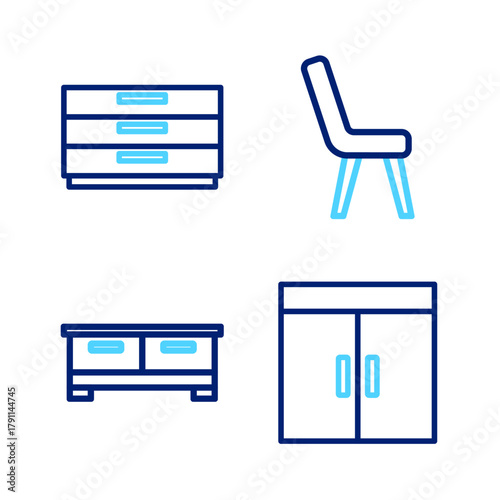 Set line Wardrobe, Chest of drawers, Armchair and icon. Vector