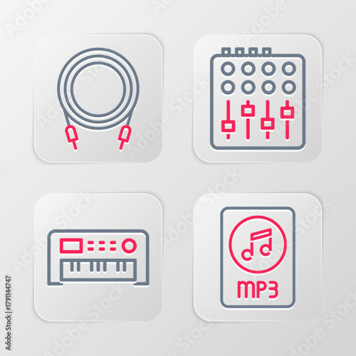 Set line MP3 file document, Music synthesizer, Sound mixer controller and Audio jack icon. Vector