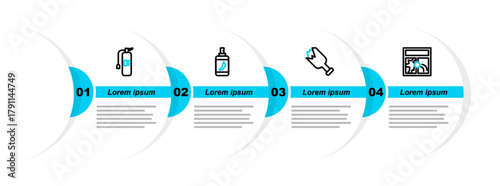 Set line Broken window, bottle as weapon, Pepper spray and Fire extinguisher icon. Vector