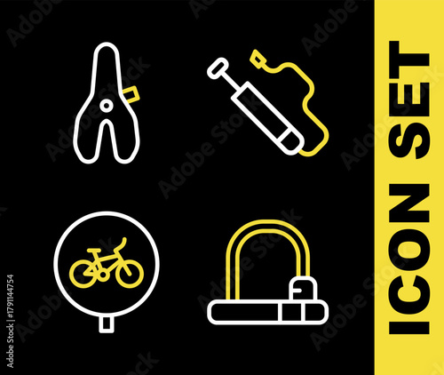 Set line Bicycle air pump, lock, and seat icon. Vector