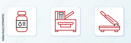 Set line Paper cutter, Printer ink bottle and Copy machine icon. Vector