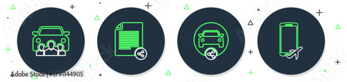 Set line Share file, Car sharing, and Flight mode the mobile icon. Vector