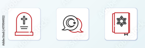 Set line Jewish torah book, Tombstone with cross and Star and crescent icon. Vector