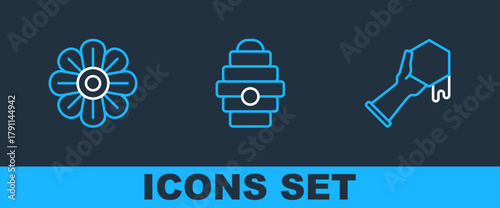Set line Honeycomb and hand, Flower and Hive for bees icon. Vector