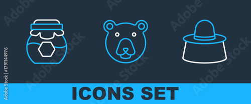 Set line Beekeeper with protect hat, Jar of honey and Bear head icon. Vector