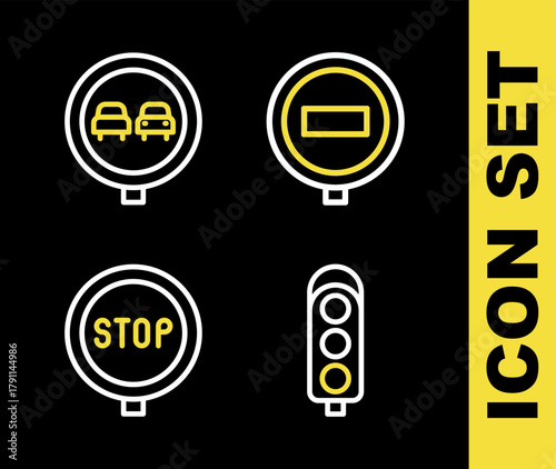 Set line Stop sign, Traffic light, and No overtaking road traffic icon. Vector