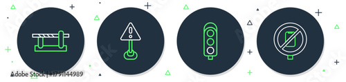 Set line Exclamation mark in triangle, Traffic light, Parking car barrier and No cell phone icon. Vector