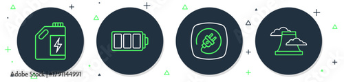 Set line Battery, Electric plug, Eco fuel canister and Nuclear power plant icon. Vector