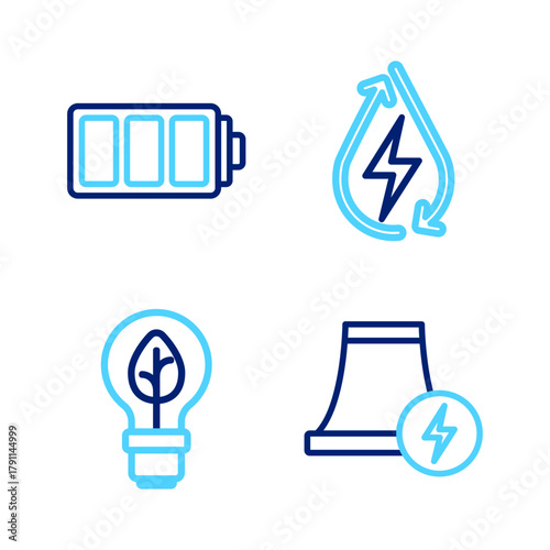 Set line Nuclear power plant, Light bulb with leaf, Water energy and Battery icon. Vector