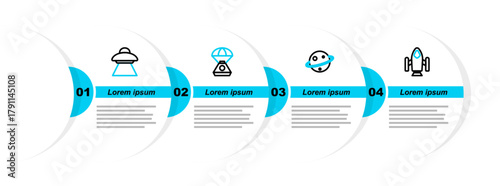 Set line Rocket ship, Planet Saturn, Space capsule and UFO flying spaceship icon. Vector