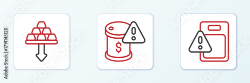 Set line Global economic crisis, Gold bars and Drop in crude oil price icon. Vector
