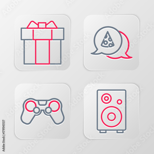 Set line Stereo speaker, Gamepad, Slice of pizza and Gift box icon. Vector