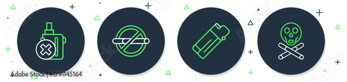 Set line No smoking, Lighter, electronic cigarette and Bones and skull icon. Vector