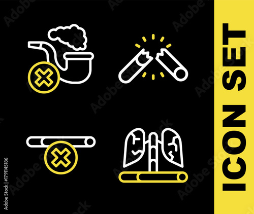 Set line Broken cigarette, Disease lungs, No smoking and Smoking pipe with smoke icon. Vector