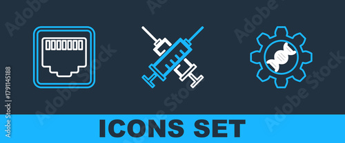 Set line Genetic engineering, Network port cable socket and Crossed syringe icon. Vector