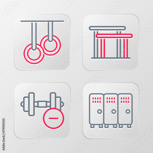 Set line Locker or changing room, Dumbbell, Uneven bars and Gymnastic rings icon. Vector