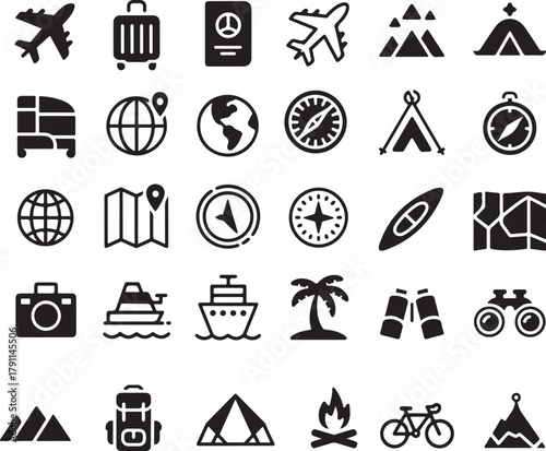 Travel and Adventure Tourism Holiday Icon Set Vector