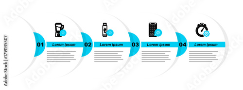 Set line Time management setting, Mobile Apps, USB flash drive and Blender with bowl icon. Vector