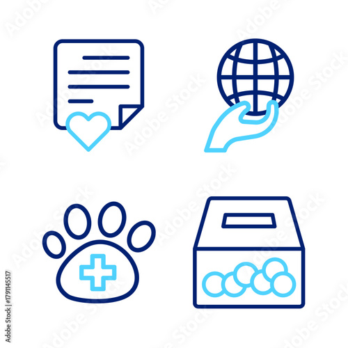 Set line Donation and charity, Veterinary clinic, Hand holding Earth globe and Envelope with heart icon. Vector