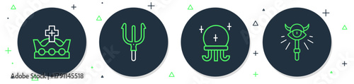 Set line Neptune Trident, Magic ball, King crown and staff icon. Vector