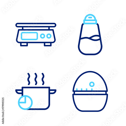 Set line Kitchen timer, Cooking pot, Salt and Electronic scales icon. Vector
