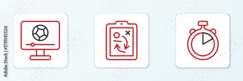 Set line Stopwatch, Football match on TV and Planning strategy concept icon. Vector