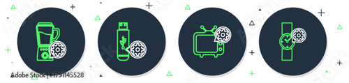 Set line USB flash drive setting, Tv, Blender with bowl and Wrist watch icon. Vector